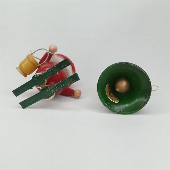 Vintage Christmas Ornament Set Of 2 Wood Bell & Santa On Skis Handpainted 1980s - Picture 9 of 10
